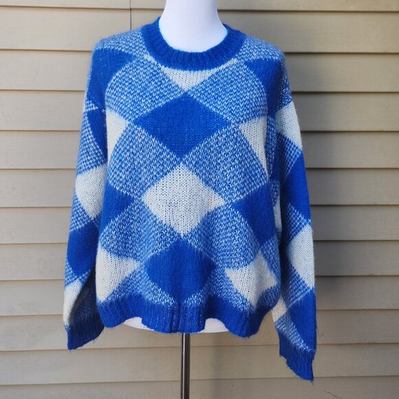 Sandro Plaid Crewneck Sweater Blue White Made in Italy - Picture 3 of 15